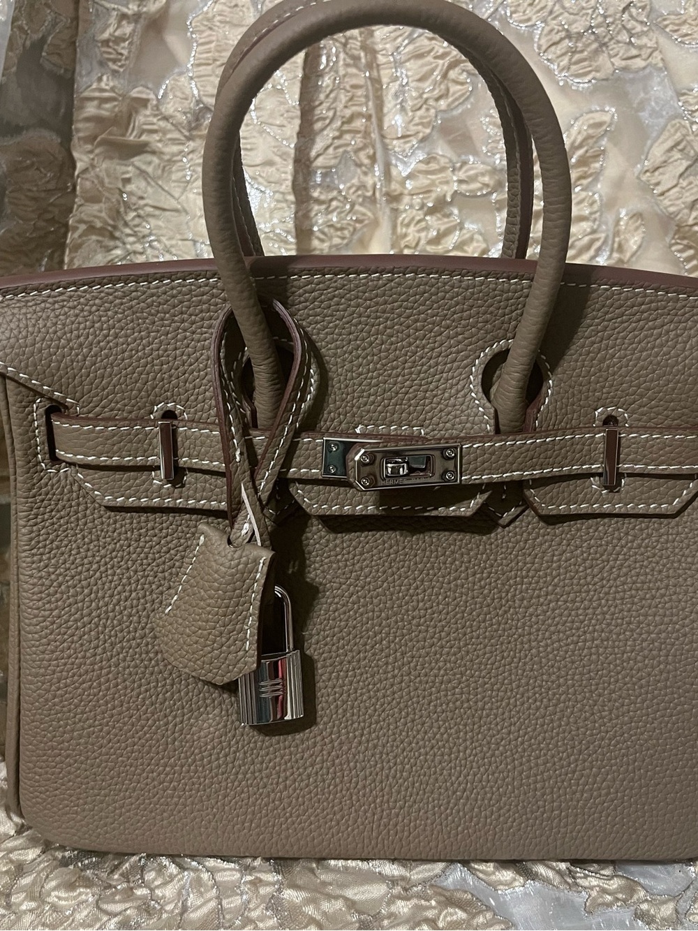 Women's Taupe H inspired Leather Satchel Handbag